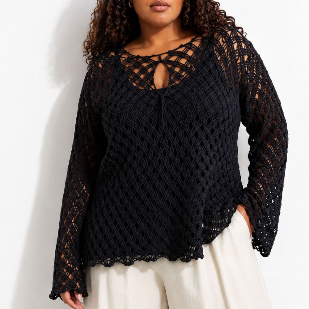 Lane Bryant Black Crochet Open Knit Sweater Top Plus 18/20 Keyhole Flare Sleeves